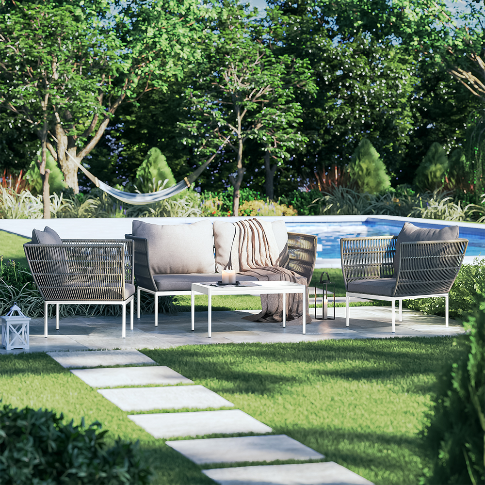 Zestaw mebli ogrodowych Sansuna w stylu boho sofa z dwoma fotelami i stolikiem plecionka