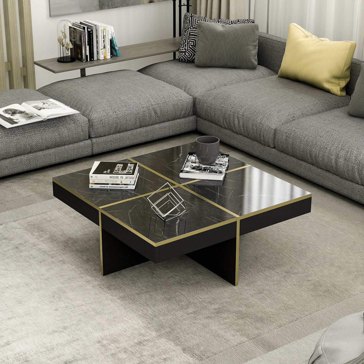 Stolik kawowy kwadratowy Sedget 90x90 cm czarny marmur/złoty