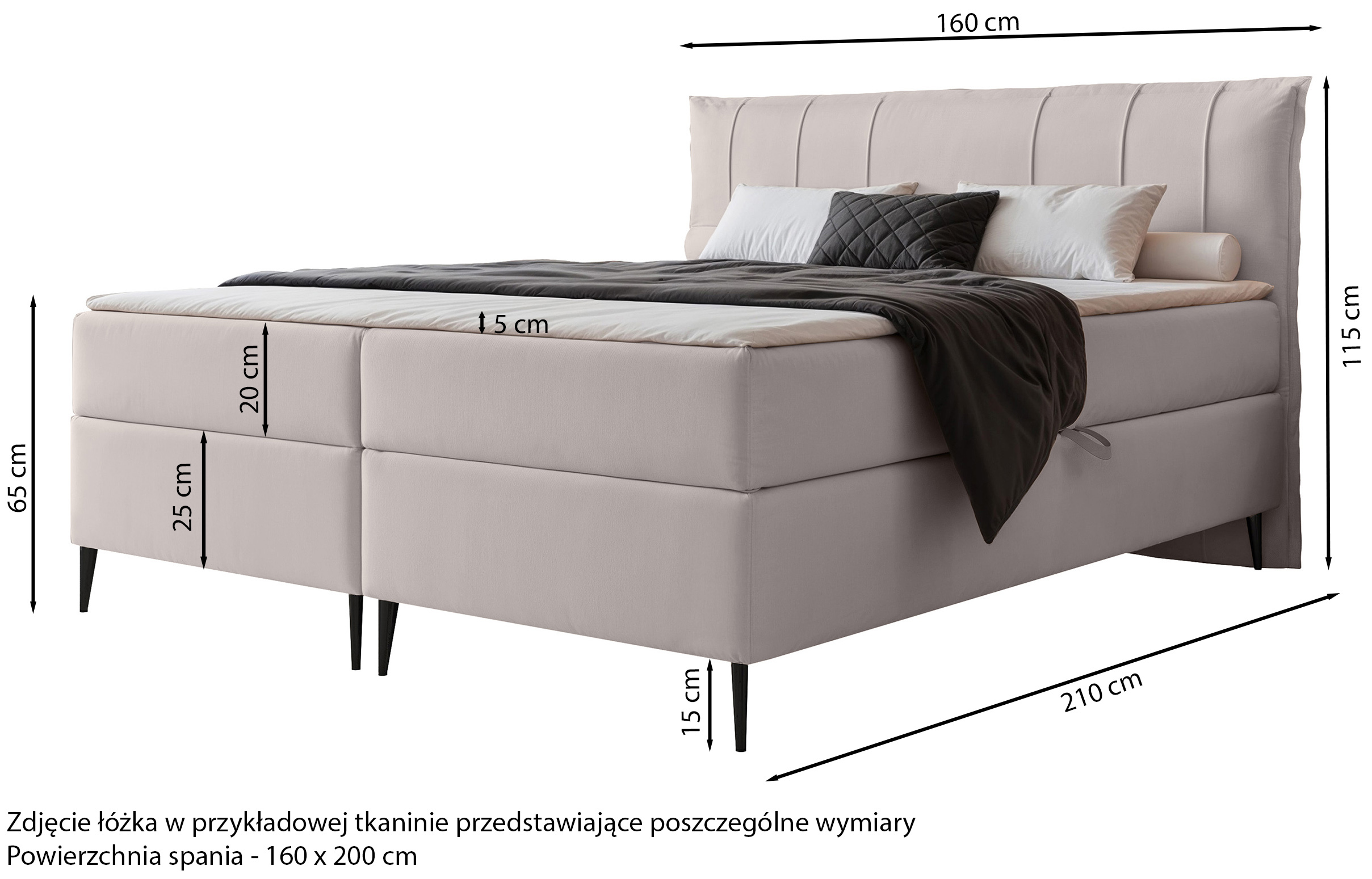 Łóżko kontynentalne 160x200 cm Suzi z materacem bonellowym i topperem jasnoszare welur hydrofobowy
