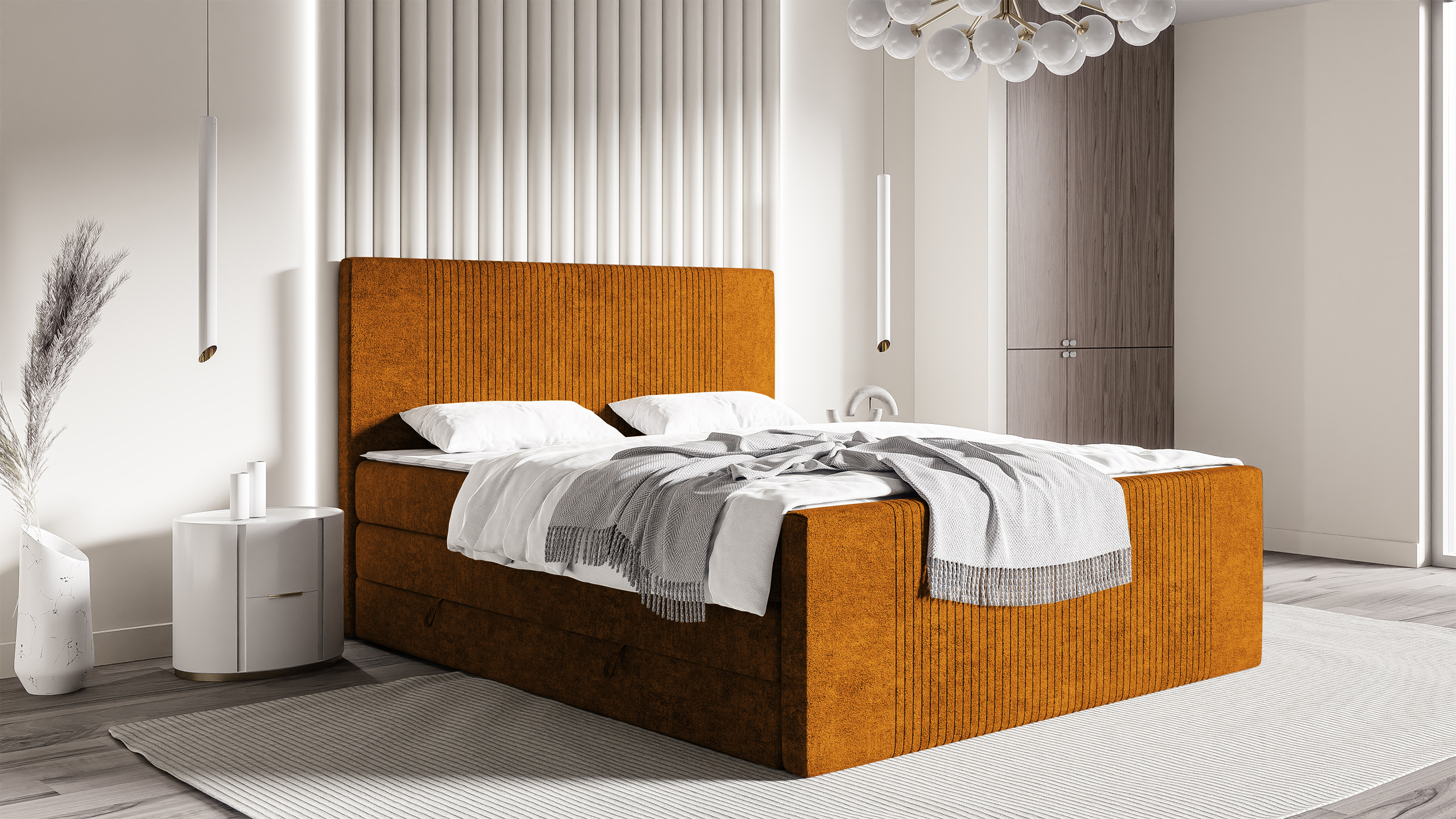Łóżko kontynentalne 140x200 cm Martese z pojemnikami i topperem miedziane welur