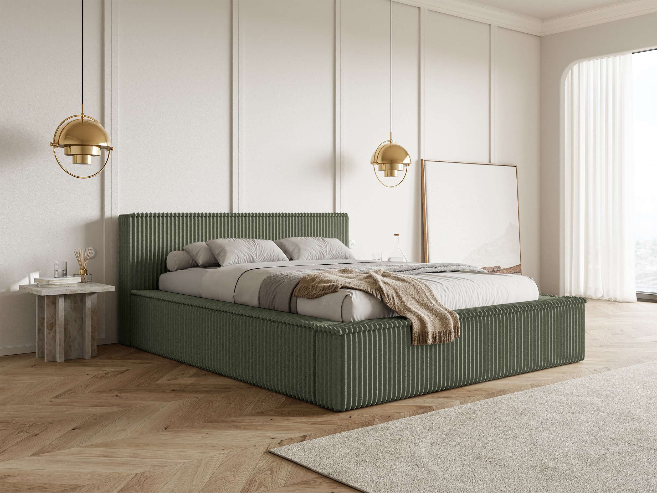 Łóżko tapicerowane Affolio 160x200 cm z pojemnikiem khaki gruby sztruks