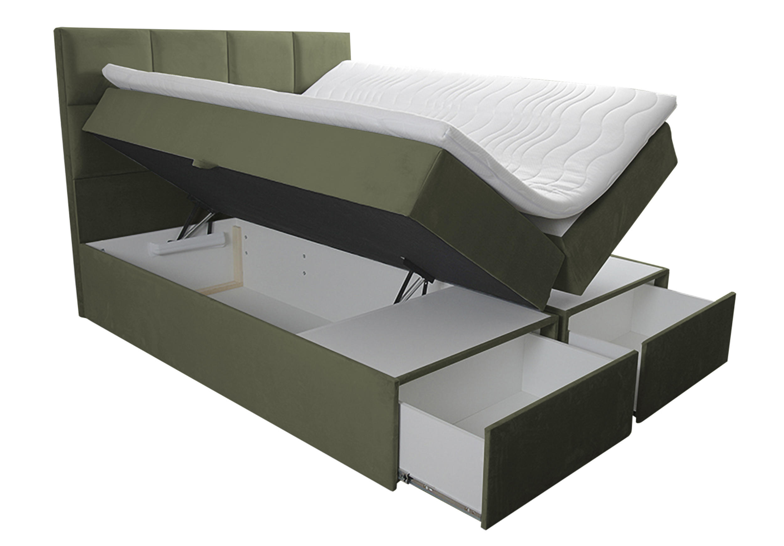 Łóżko kontynentalne 160x200 cm Tokio z pojemnikami i szufladami oliwkowe welur hydrofobowy