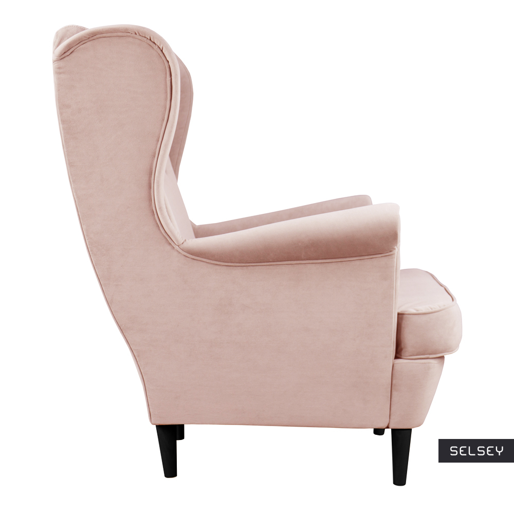 Fotel z podnóżkiem Malmo różowy w tkaninie Easy Clean na czarnych nóżkach