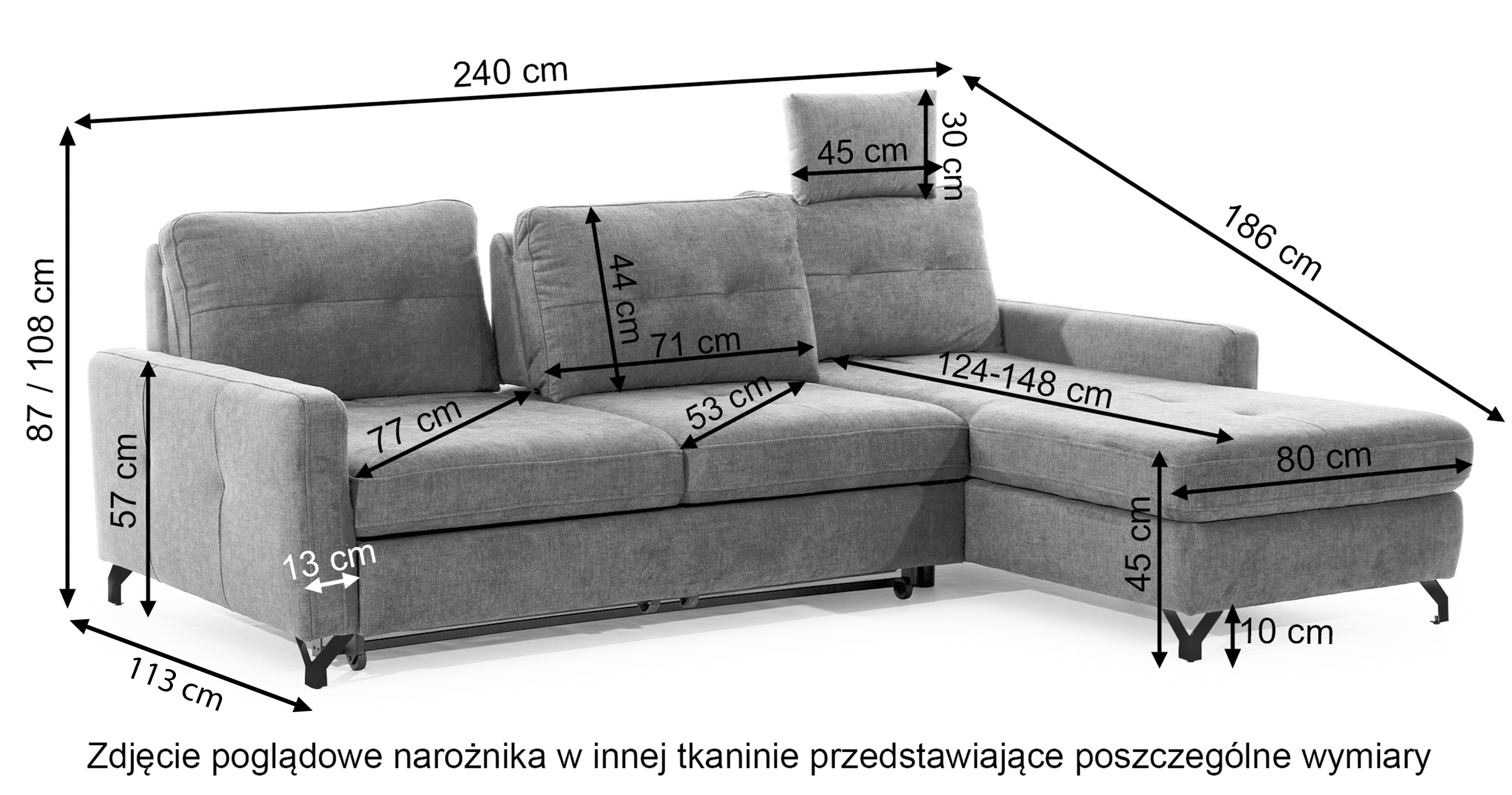Narożnik z funkcją spania Buriano L-kształtny z pojemnikiem i regulowanym zagłówkiem szary welur hydrofobowy lewostronny