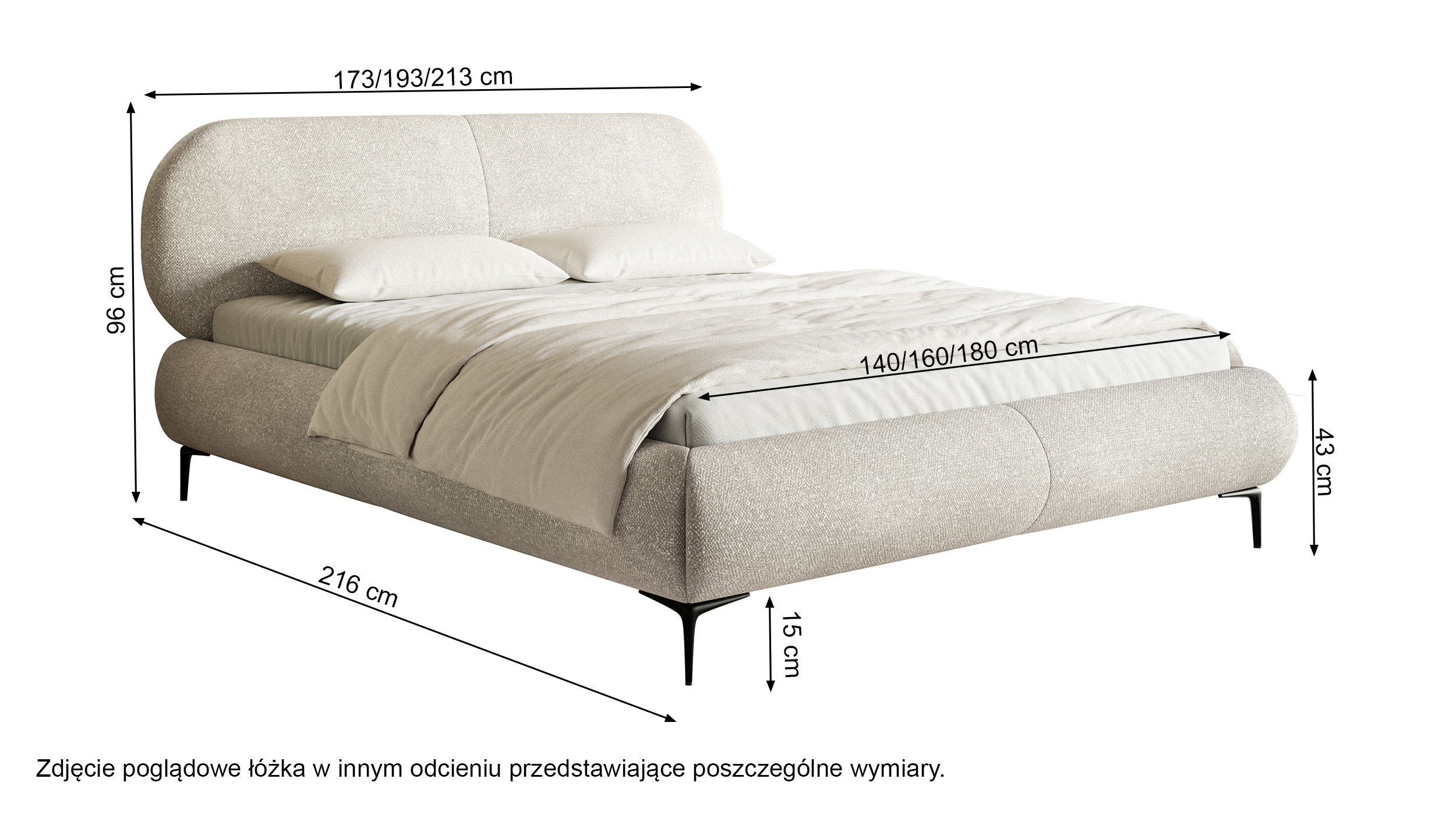 Łóżko tapicerowane 140x200 cm Ovalle szare szenil nóżki czarne
