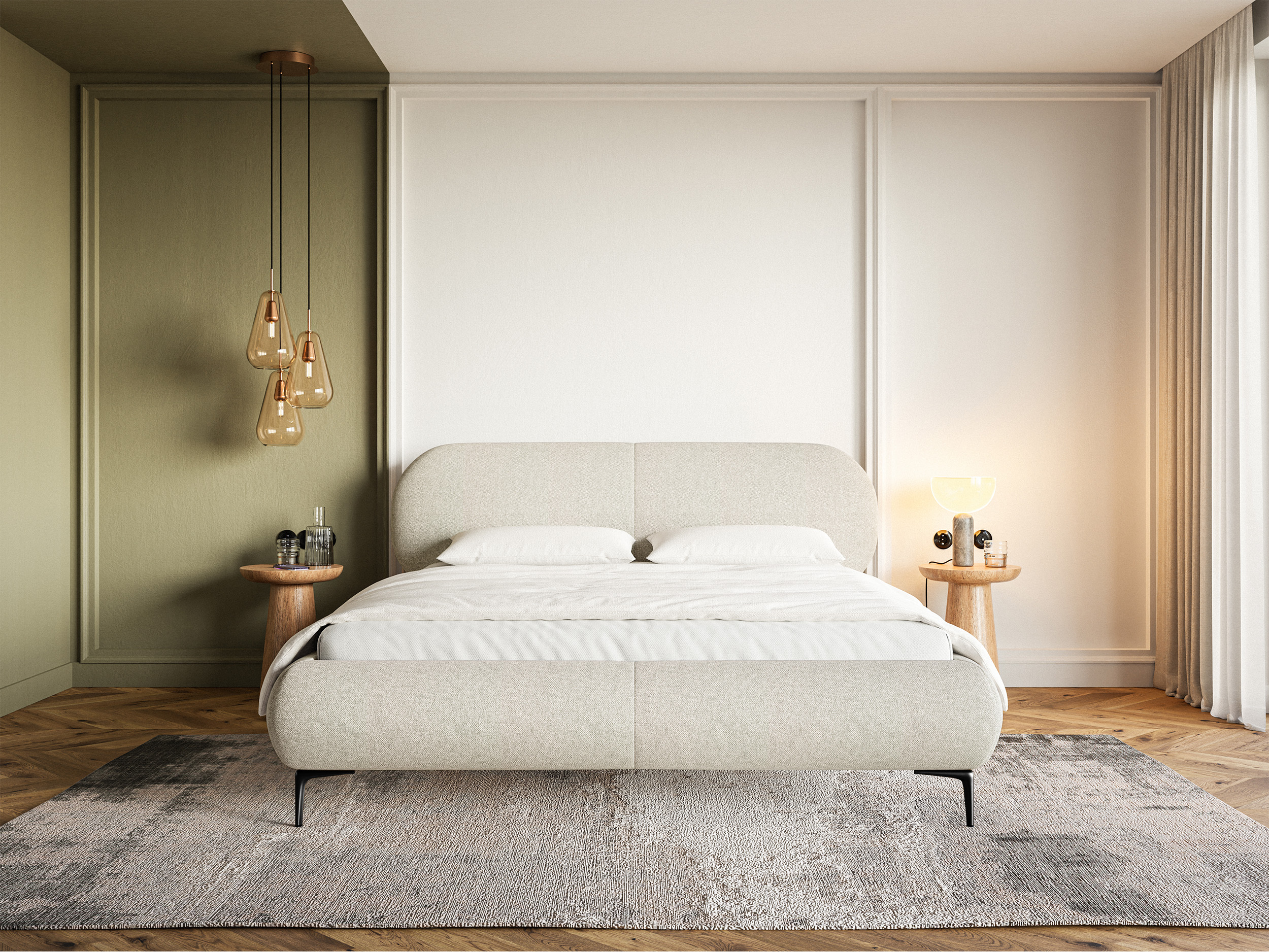Łóżko tapicerowane 140x200 cm Ovalle z pojemnikiem stelaż metalowy jasnobeżowe plecionka hydrofobowa nóżki czarne