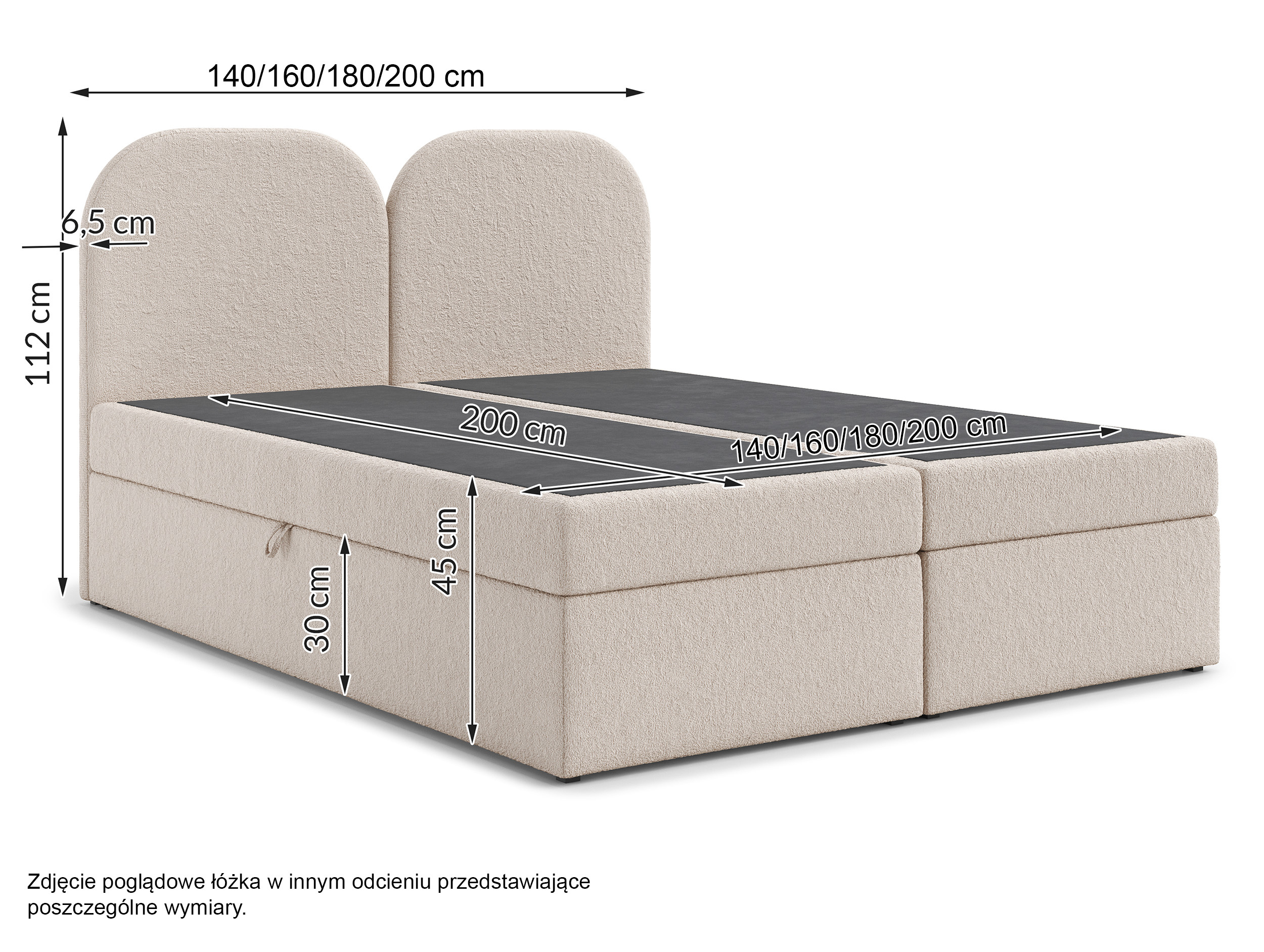 Łóżko kontynentalne 180x200 cm Bumblo z pojemnikami i topperem ciemnoszare boucle