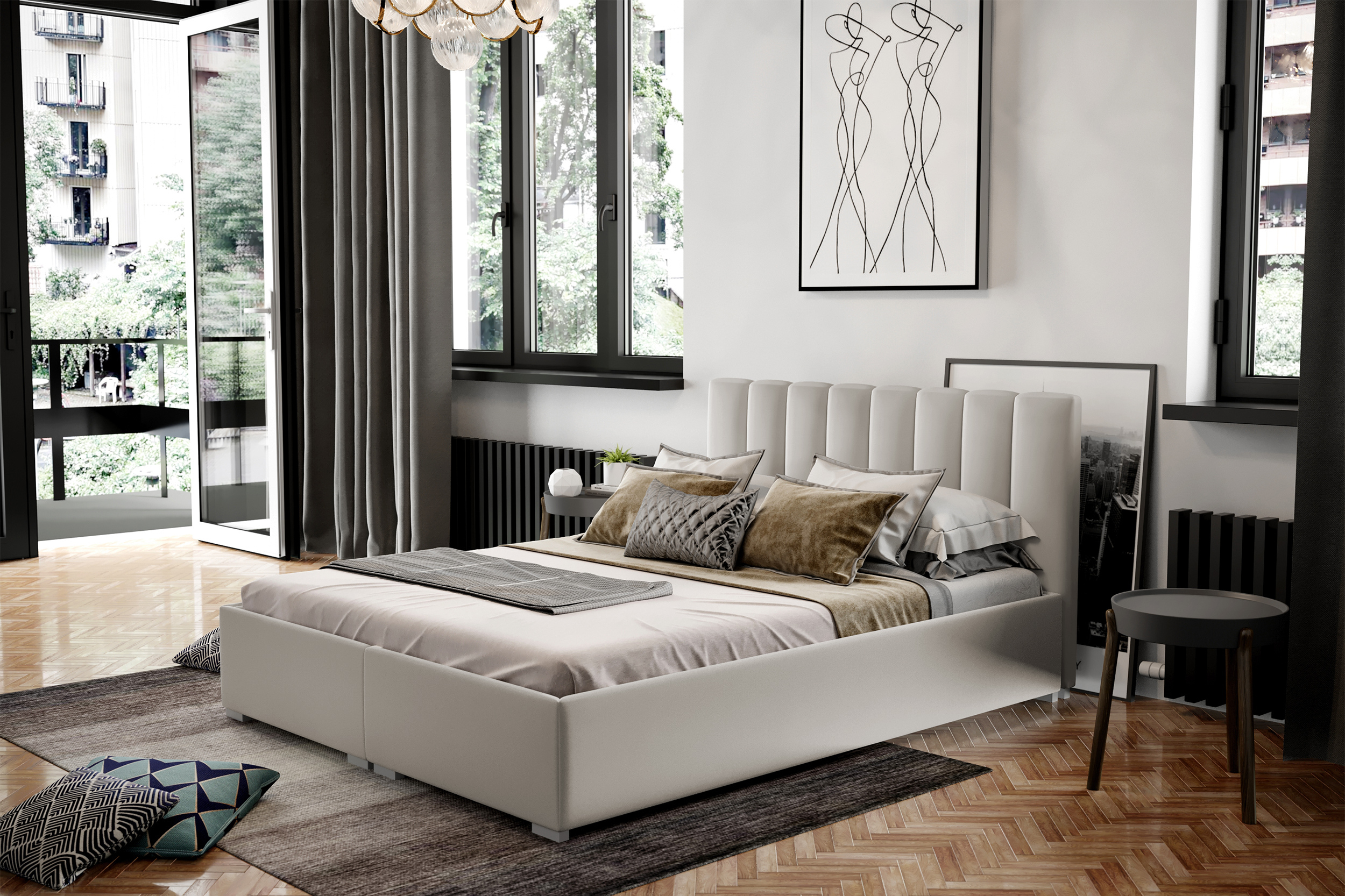 Łóżko tapicerowane 140x200 cm Romkino z pojemnikami kremowe welur hydrofobowy