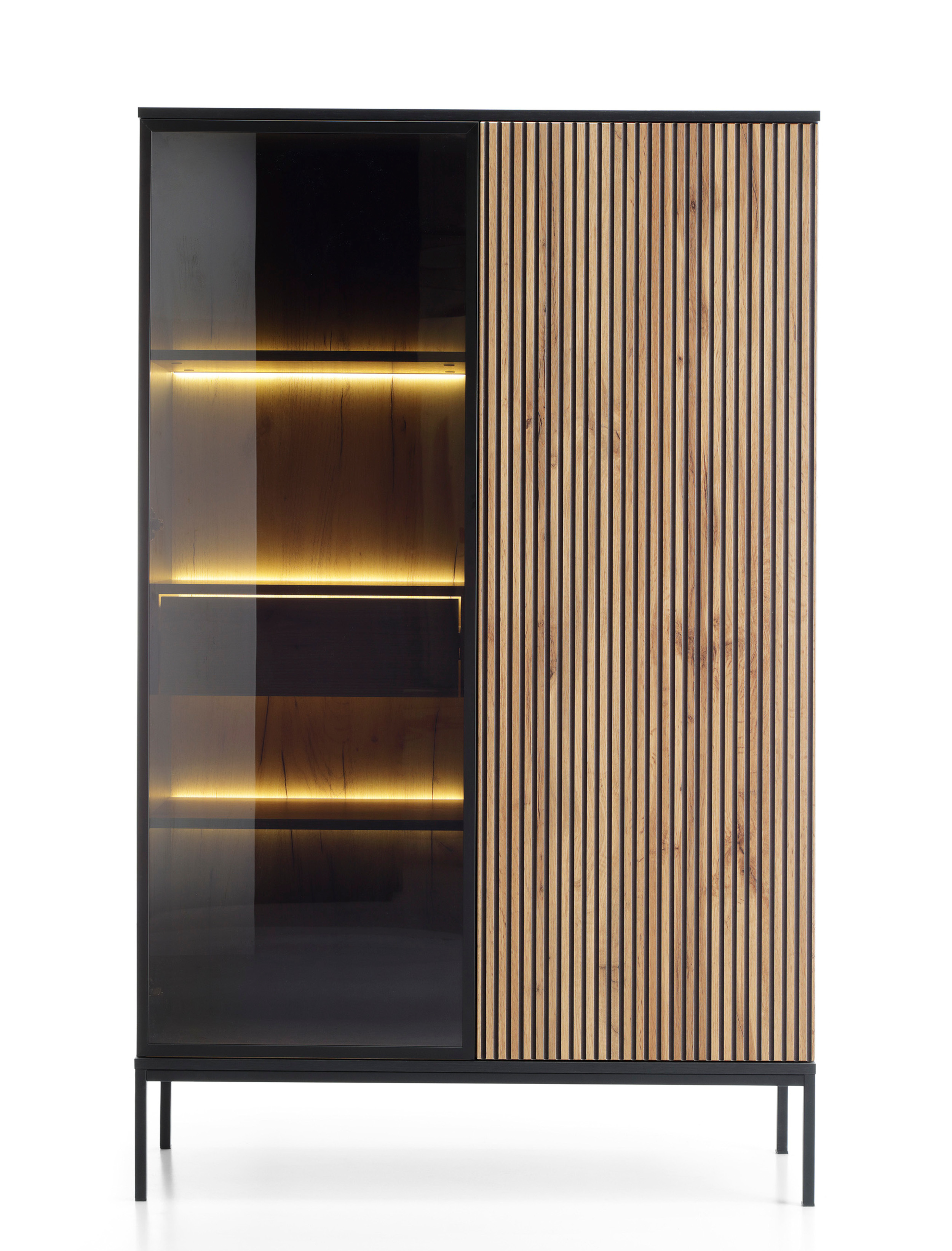 Witryna wysoka Tosena dwudrzwiowa z szufladą i oświetleniem LED 104 cm Czarny/Dąb wotan
