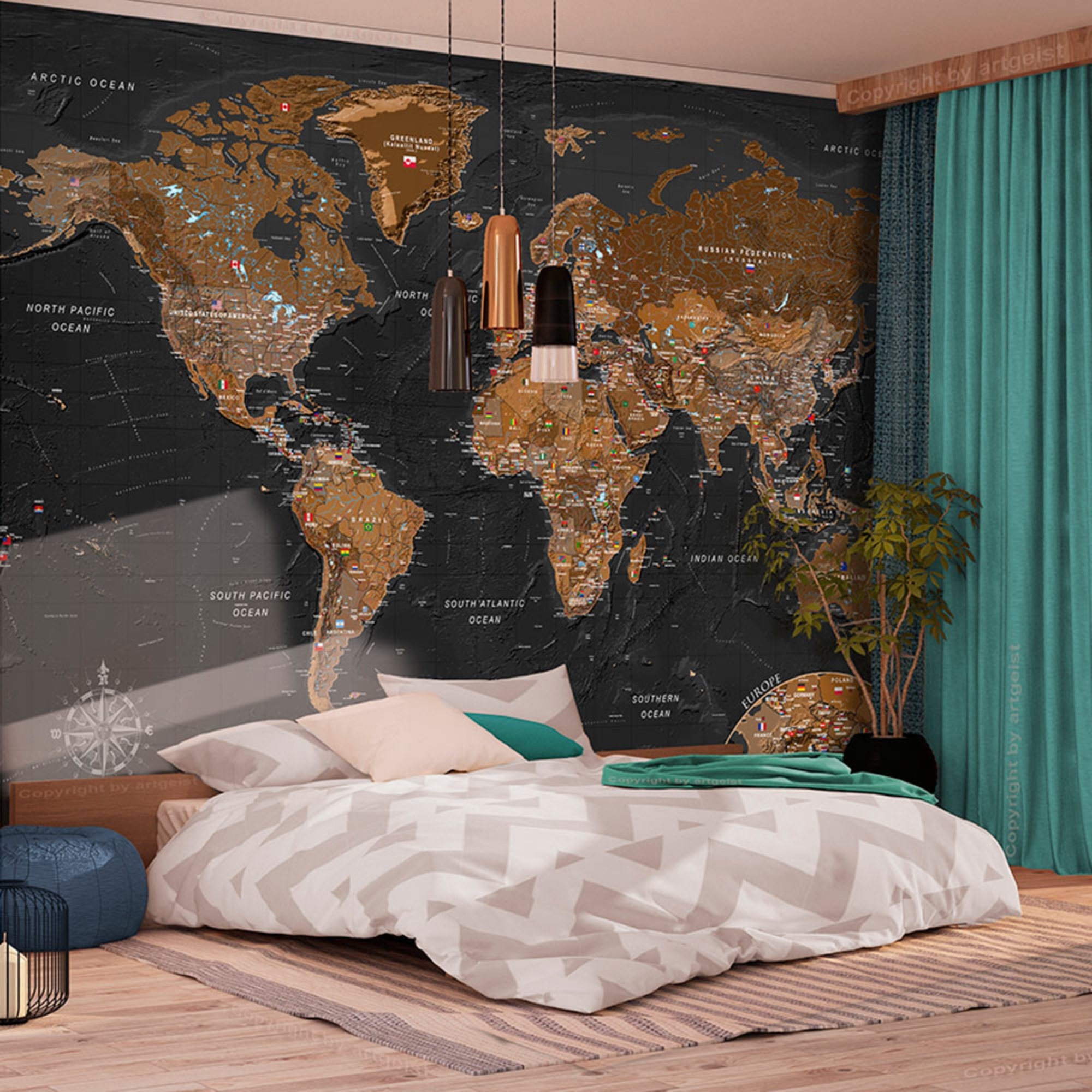 Fototapeta samoprzylepna Czarno-brązowa stylowa mapa świata z flagami 441x315 cm
