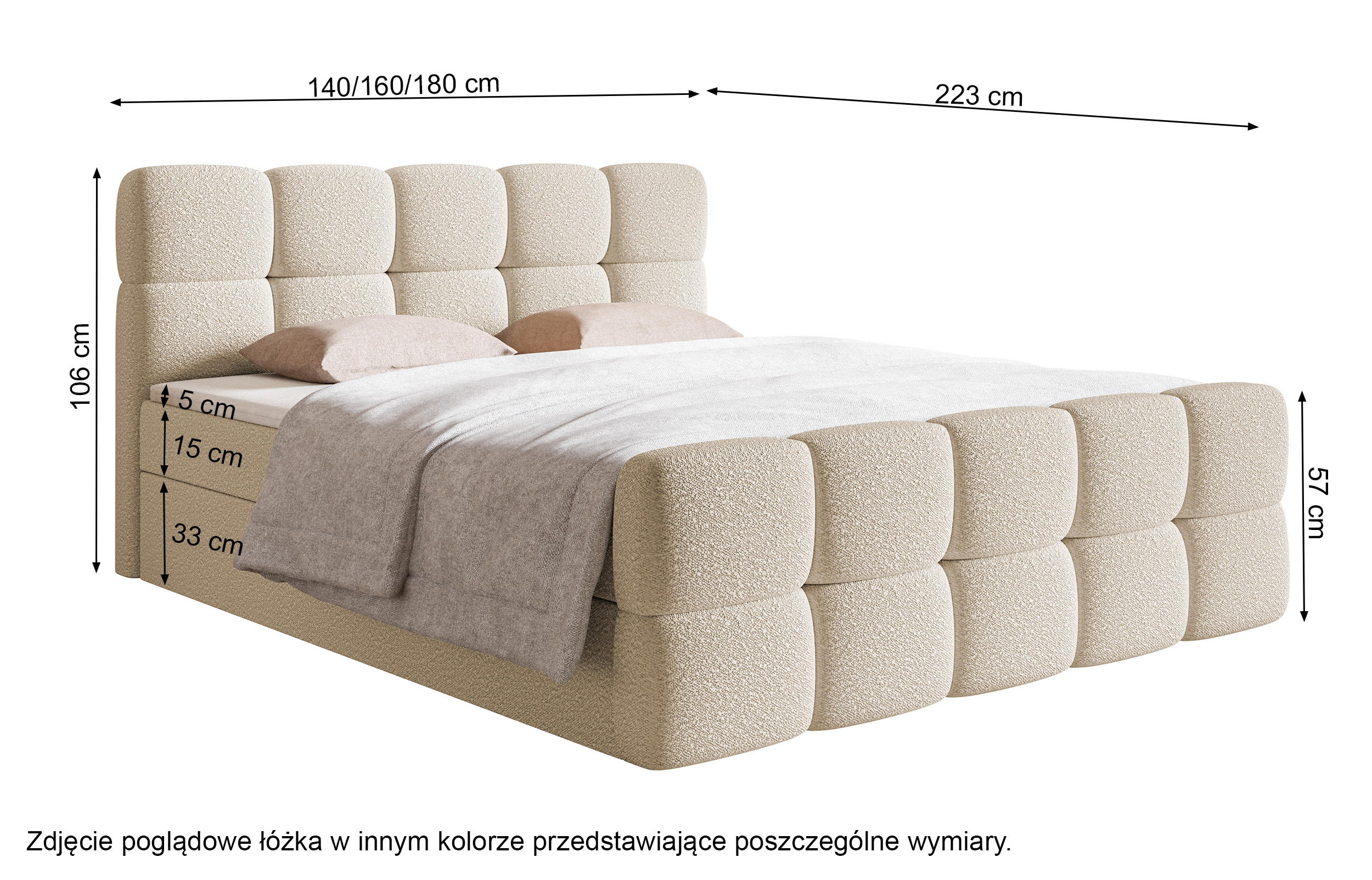 Łóżko kontynentalne 160x200 cm Cloudy z pojemnikami i topperem szare boucle