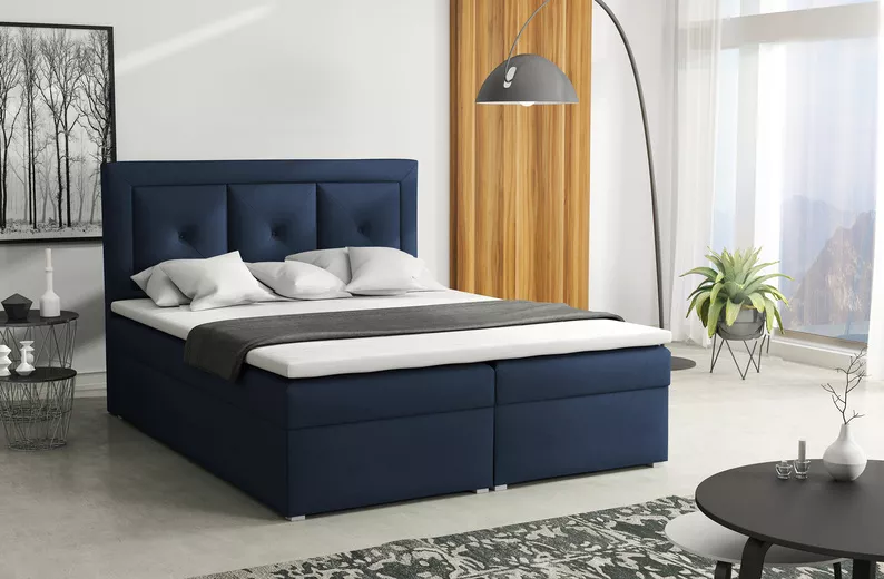 Łóżko kontynentalne 140x200 cm Ligmano z pojemnikami i topperem granatowe velvet hydrofobowe