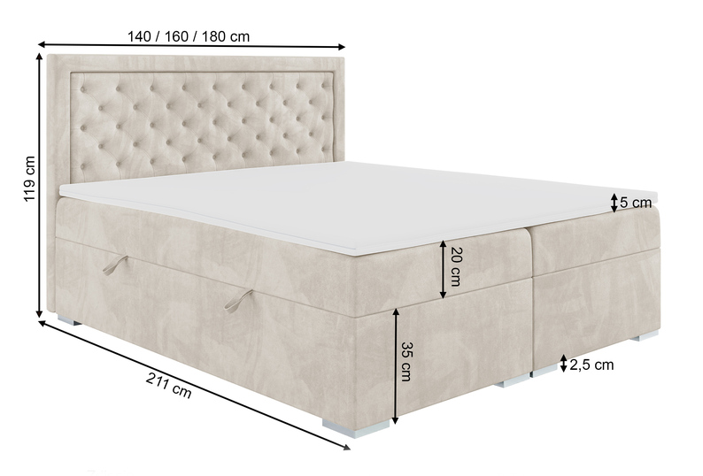 Łóżko kontynentalne 180x200 cm Glorn z pojemnikami i topperem beżowe welur hydrofobowy