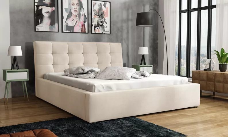 Łóżko tapicerowane 200x200 cm Nabbe z pojemnikiem jasnobeżowe velvet hydrofobowe