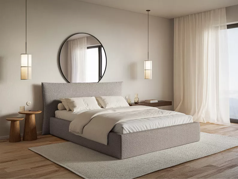 Łóżko tapicerowane 160x200 cm Softie z pojemnikiem stelaż metalowy jasnoszare boucle