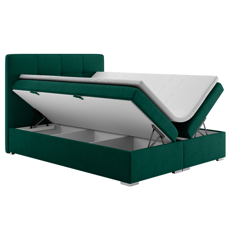 Łóżko kontynentalne 160x200 cm Bongiorno z pojemnikami i topperem zielone welur hydrofobowy