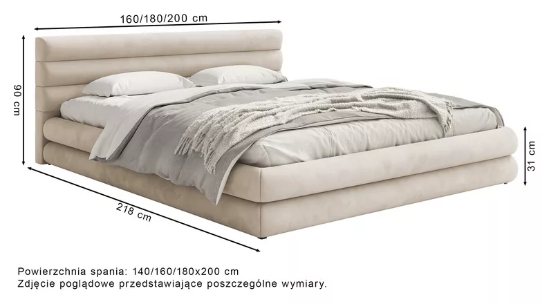 Łóżko tapicerowane 140x200 cm Alegre z pojemnikiem na pościel szarobeżowe welur hydrofobowy łatwoczyszczący stelaż metalowy