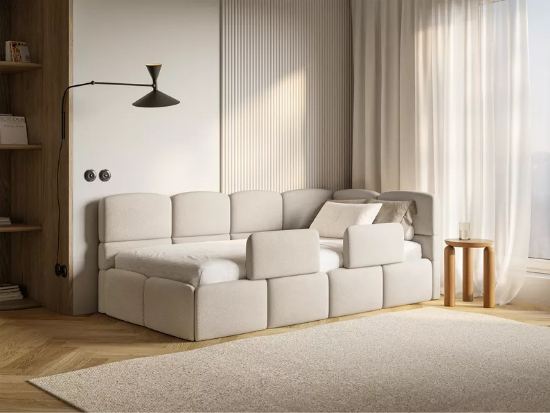 Łóżko młodzieżowe 90x200 cm Cloudy prawostronne z pojemnikiem i barierkami kremowe szenil