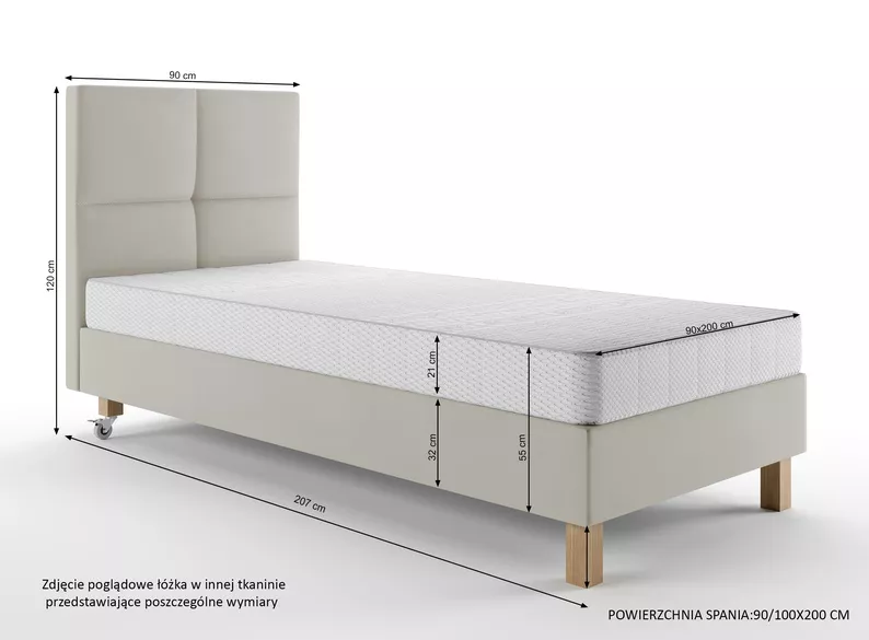 Łóżko tapicerowane 90x200 cm  Donbay z wezglowiem panelowym i materacem kieszeniowym oliwkowe welur hydrofobowy