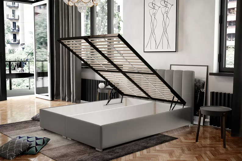 Łóżko tapicerowane 160x200 cm Romkino z pojemnikami szarobeżowe welur hydrofobowy