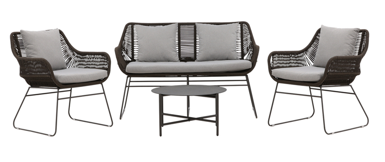 Zestaw mebli ogrodowych Tivelly z sofą, dwoma fotelami  i stolikiem kawowym ciemnoszary/brązowy