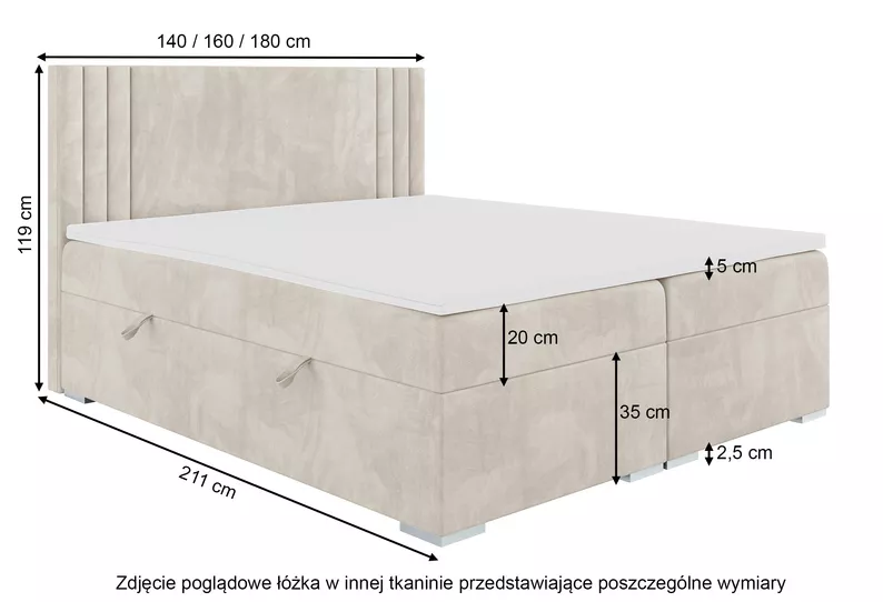 Łóżko kontynentalne 140x200 cm Monder z pojemnikami i topperem granatowe welur hydrofobowy
