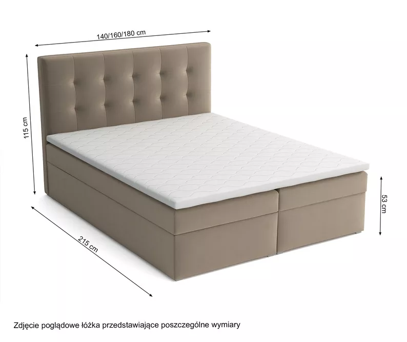 Łóżko kontynentalne 160x200 cm Nabbe z pojemnikami i topperem ciemnoszare welur