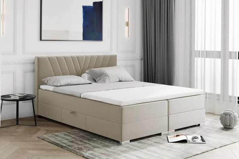 Łóżko kontynentalne 140x200 cm Caldana z pojemnikami i topperem beżowe