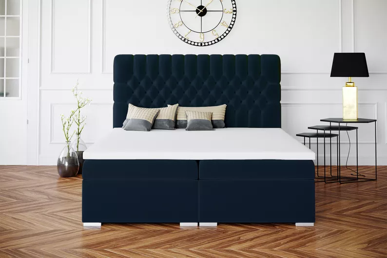 Łóżko kontynentalne 180x200 cm Persival z pojemnikami i topperem granatowe welur hydrofobowy