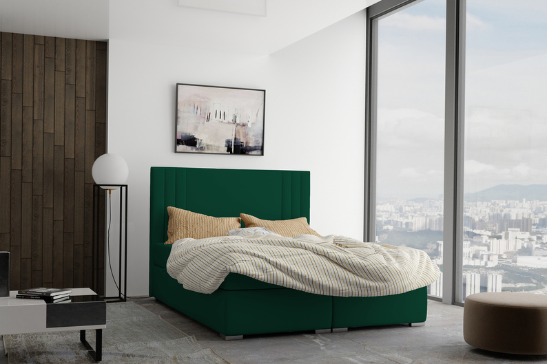 Łóżko kontynentalne 160x200 cm Monder z pojemnikami i topperem zielone welur hydrofobowy