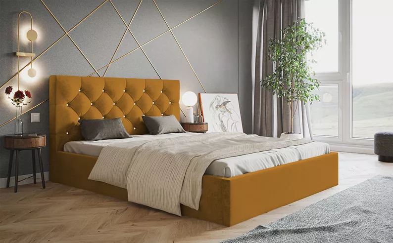 Łóżko tapicerowane 160x200 cm Bellaris z pojemnikiem i pikowaniem kryształkami musztardowe
