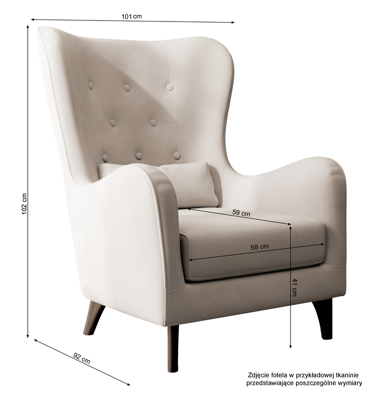 Fotel wypoczynkowy uszak Calmino szarobeżowy w tkaninie hydrofobowej welur nóżki buk