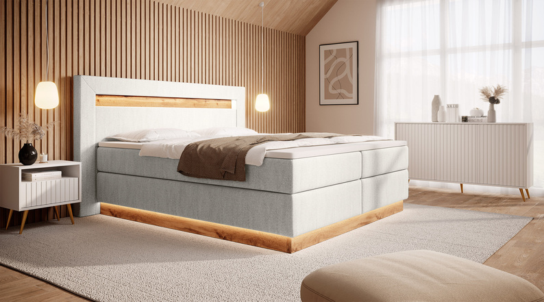 Łóżko kontynentalne Oski 140x200 cm z topperem i oświetleniem kremowy welur