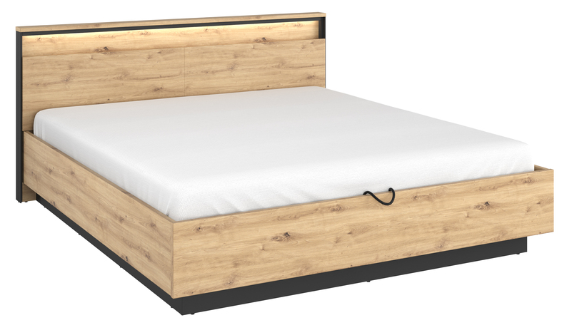 Łóżko Quant 180x200 cm z pojemnikiem na pościel i oświetleniem dąb artisan/czarny