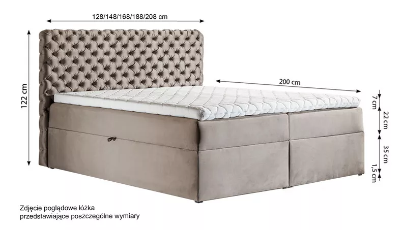 Łóżko kontynentalne Costmary 140x200 z dwoma pojemnikami, materacem i topperem szarobeżowe hydrofobowe