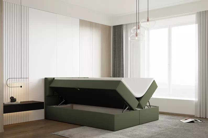 Łóżko kontynentalne 160x200 cm Carbini z pojemnikami  i materacem bonellowym oliwkowe welur hydrofobowy