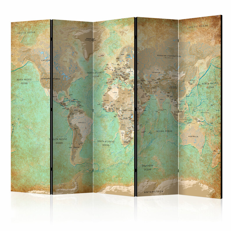 Parawan 5-częściowy - Turkusowa mapa świata 