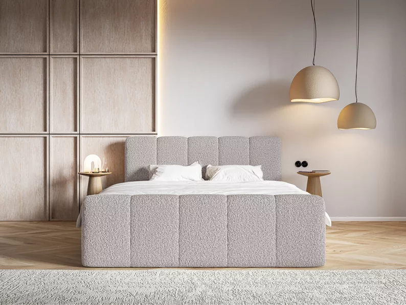 Łóżko kontynentalne 200x200 cm Cloudy II z pojemnikami i topperem szarobrązowe boucle 
