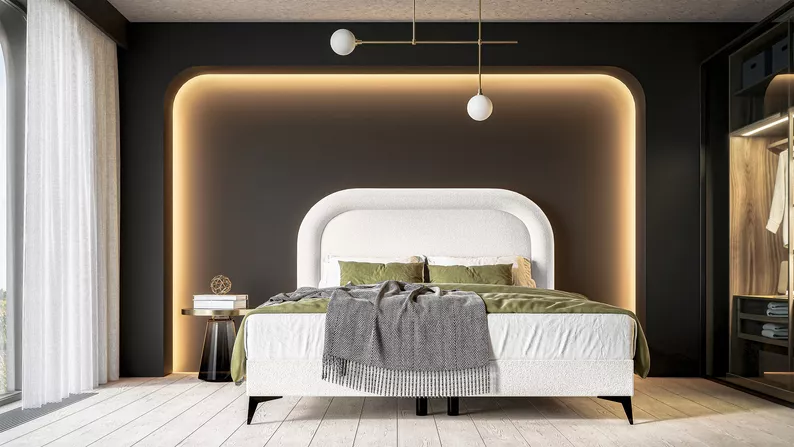 Łóżko kontynentalne 160x200 cm Loreo z Topperem i pojemnikami kremowe boucle