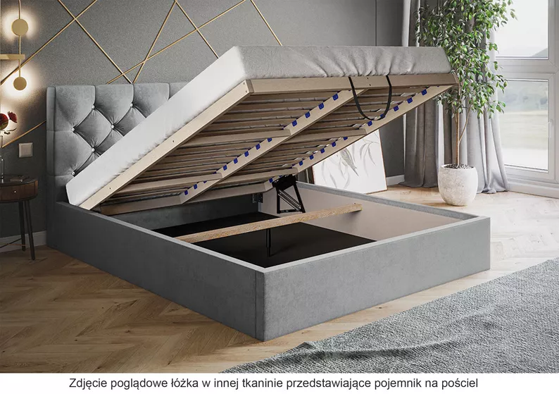 Łóżko tapicerowane 160x200 cm Bellaris z pojemnikiem i pikowaniem kryształkami miedziane