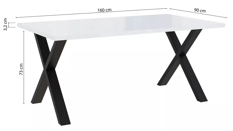 Stół Brooklyn 160x90 cm biały połysk z czarnymi nogami w kształcie X
