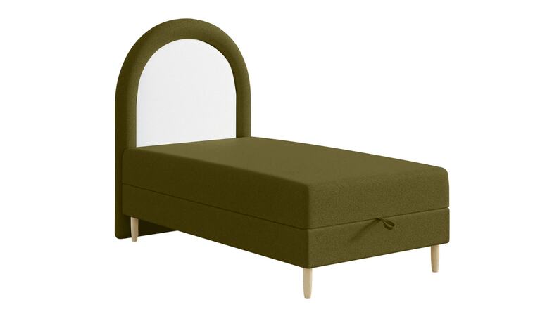 Łóżko kontynentalne dla dziecka 90x160 cm Asparetto z pojemnikiem oliwkowe w tkaninie boucle