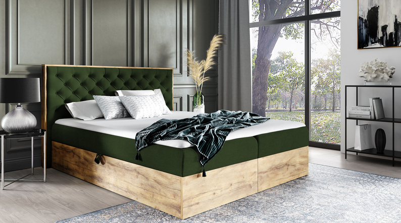 Łóżko kontynentalne Milanella 180x200 z dwoma pojemnikami i materacem ciemnozielone