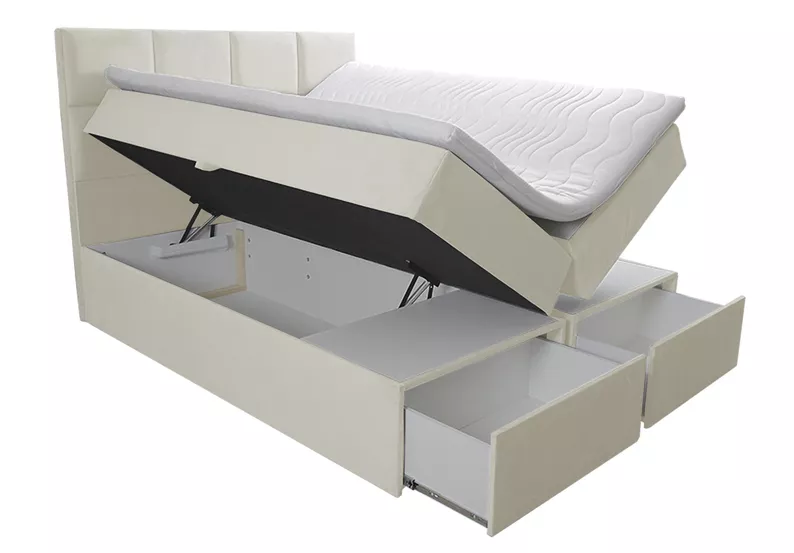 Łóżko kontynentalne 180x200 cm Tokio z pojemnikami i szufladami kremowe welur hydrofobowy