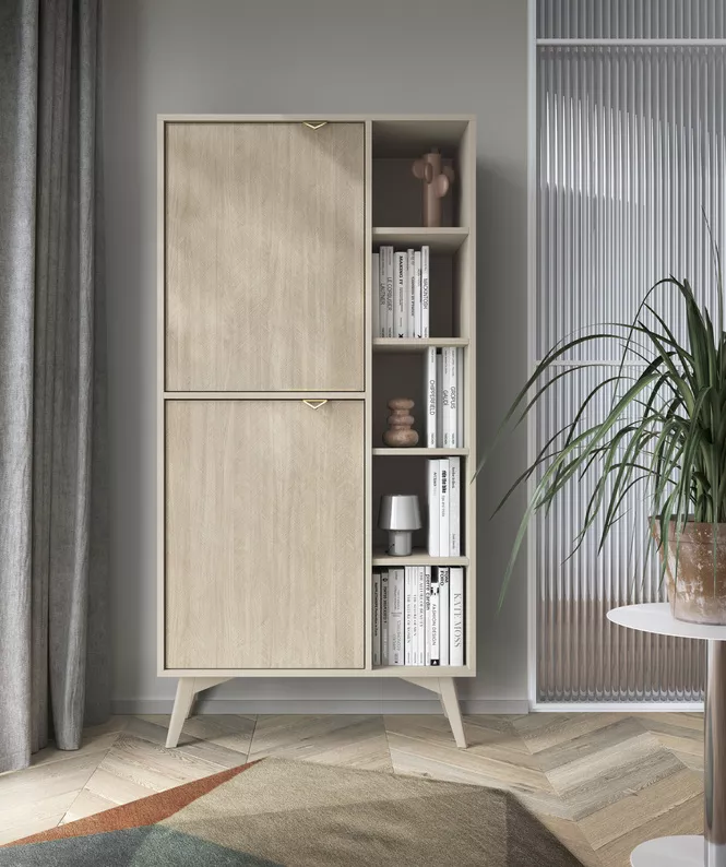 Regał Favoria dwudrzwiowy 80 cm beżowy/jodełka scandi ze złotymi uchwytami