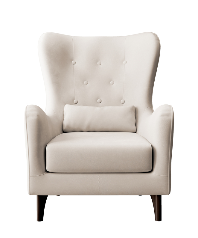 Fotel wypoczynkowy z podnóżkiem uszak Calmino kremowy w tkaninie hydrofobowej welur nóżki wenge