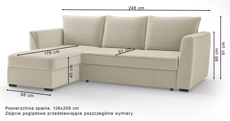 Narożnik z funkcją spania Viki L-kształtny prawostronny z pojemnikiem oliwkowy welur