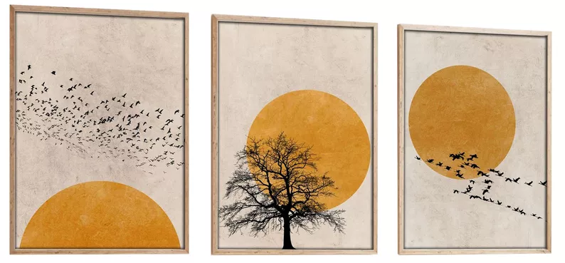 Zestaw trzech obrazów Bodenass 50x70 cm słońce z czarnymi akcentami