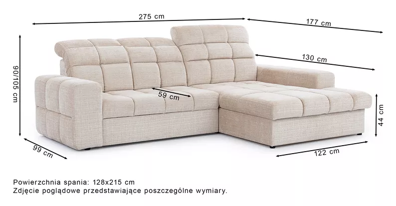 Narożnik z funkcją spania Luglo L-kształtny z pojemnikiem i regulowanymi zagłówkami jasnobeżowy szenil prawostronny