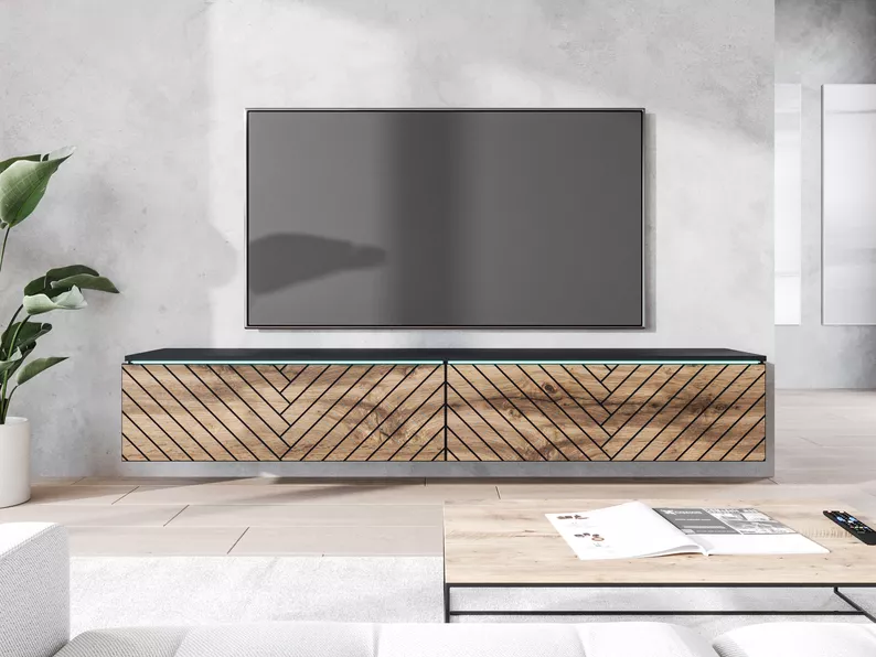 Szafka RTV Kane 180 cm czarny grafit/dąb wotan jodełka